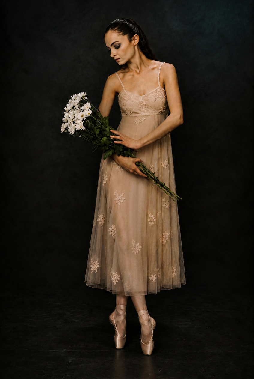 Ballerina in abito da danza con bouquet di fiori bianchi