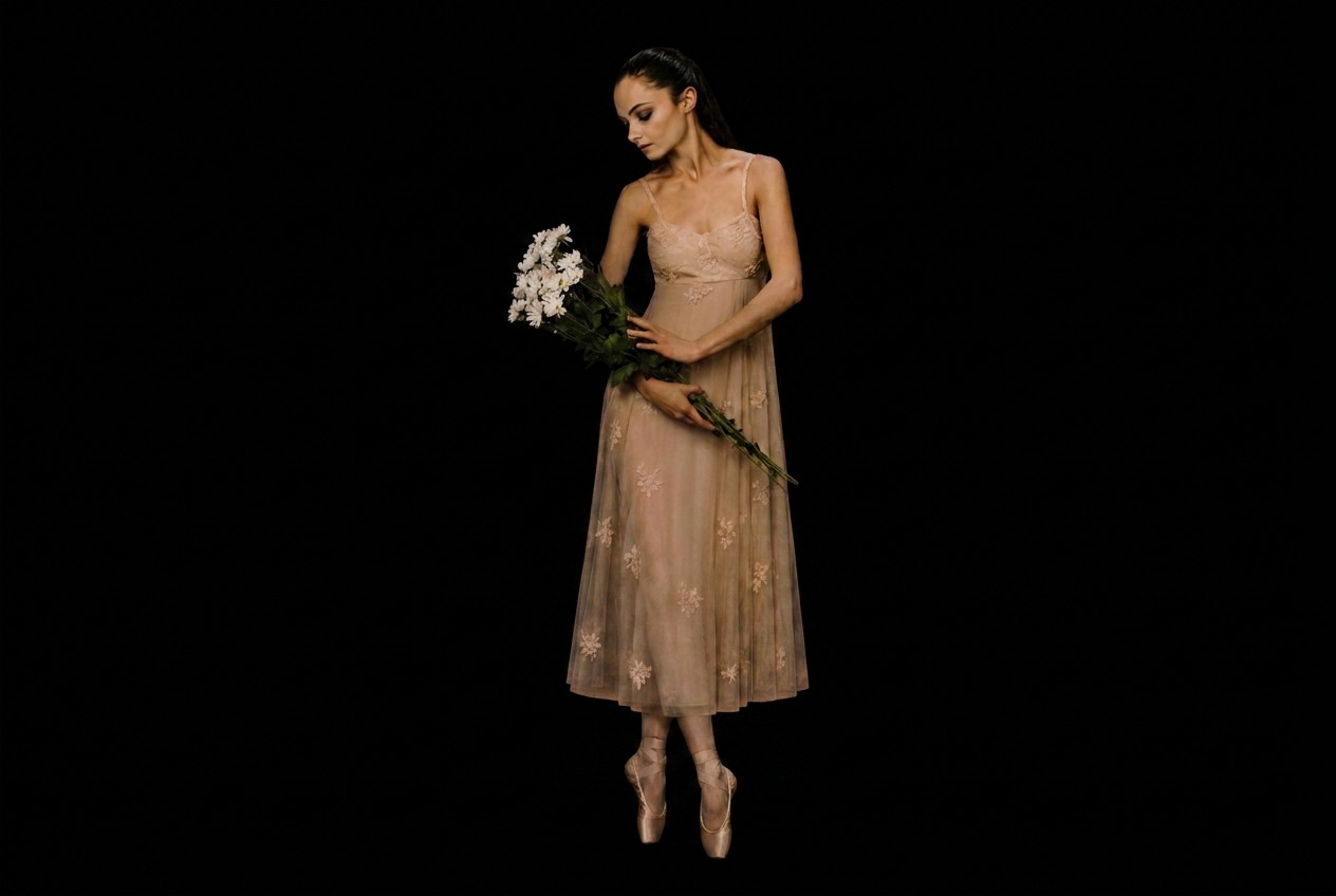 Ballerina in abito da danza con bouquet di fiori bianchi