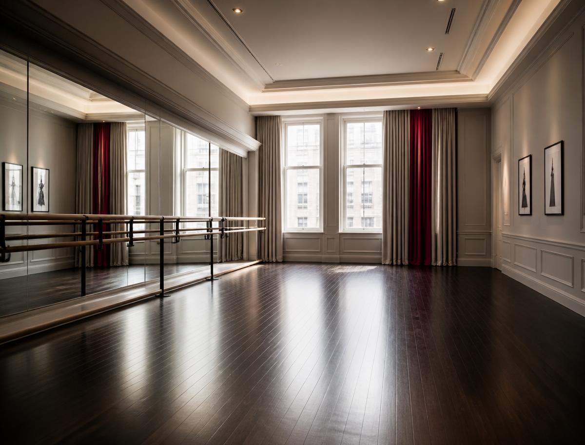Sala del Centro Danza Beaulard a Torino, studio di danza con specchi e sbarra