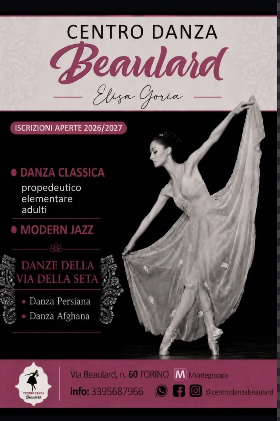 Locandina ufficiale Centro Danza Beaulard di Elisa Goria: danza classica (propedeutico, elementare, adulti), modern jazz e Danze della Via della Seta a Torino